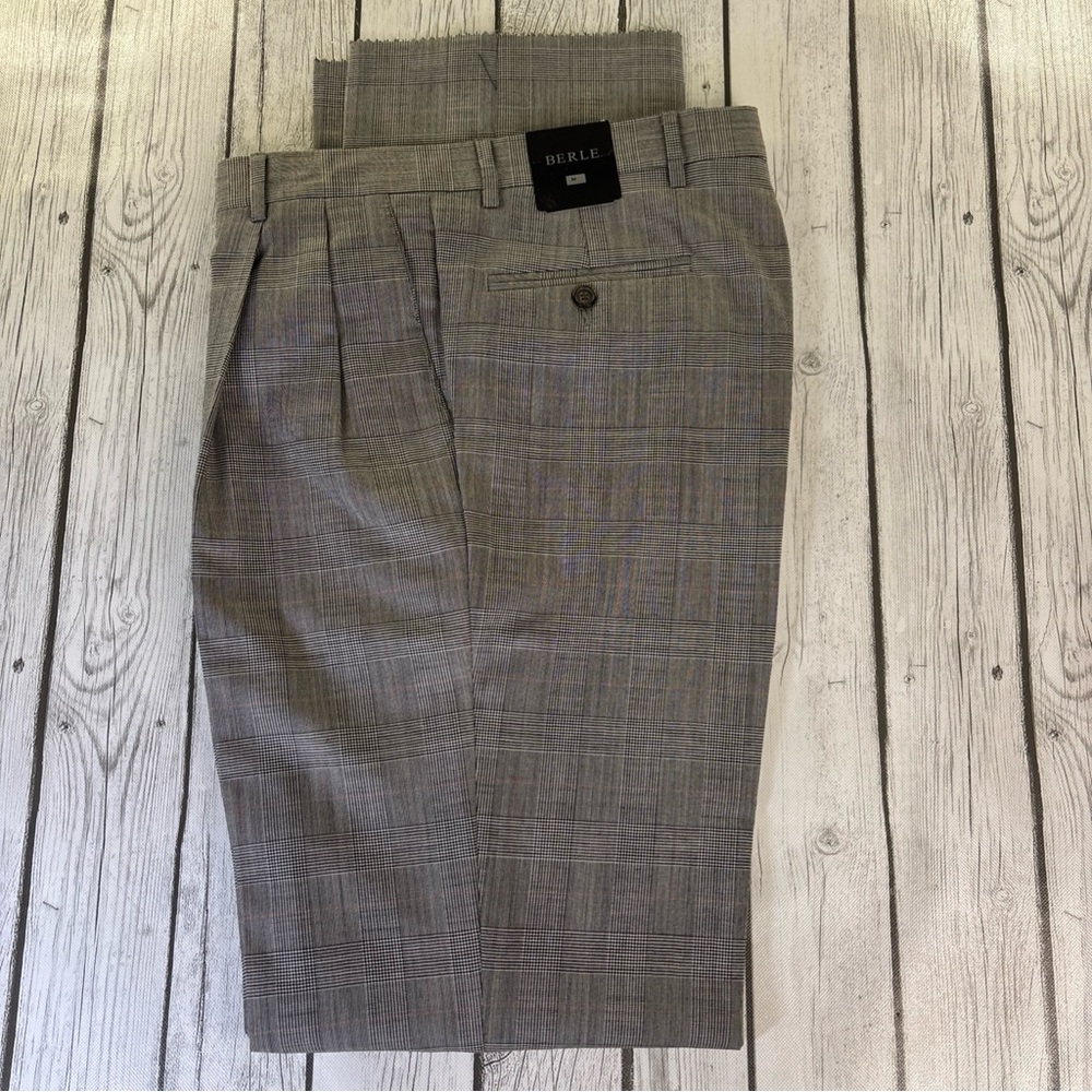 Berle Men's 34 Unhemmed Gray Houndstooth Plaid Pleated Dress Pants Wool NWT.